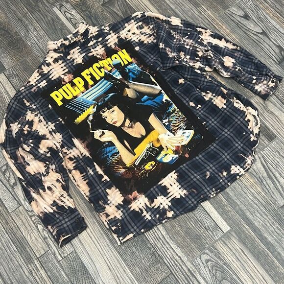 🔥 PULP FICTION Movie Distressed Custom Bleach Dyed Plaid Flannel Shirt Unisex X - Picture 3 of 12